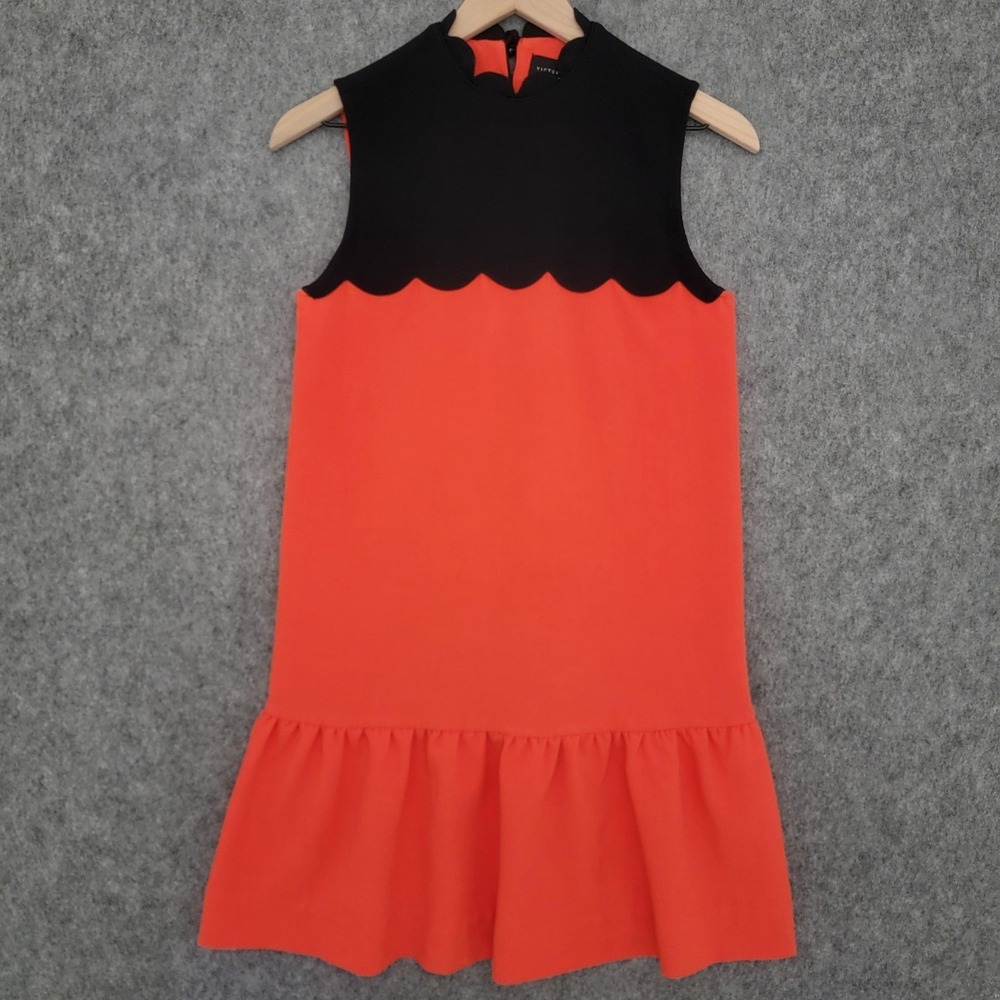 Victoria Beckham Dress Womens XS Black Orange Scallop‎ Sleeveless Mod Ruffle Hem